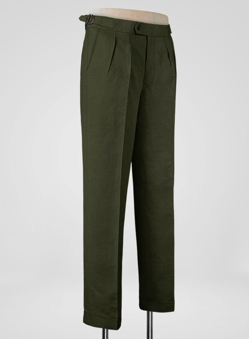 Italian Prato Green Linen Highland Trousers - StudioSuits