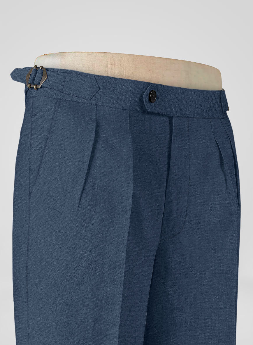 Italian Prato Indigo Blue Linen Highland Trousers - StudioSuits