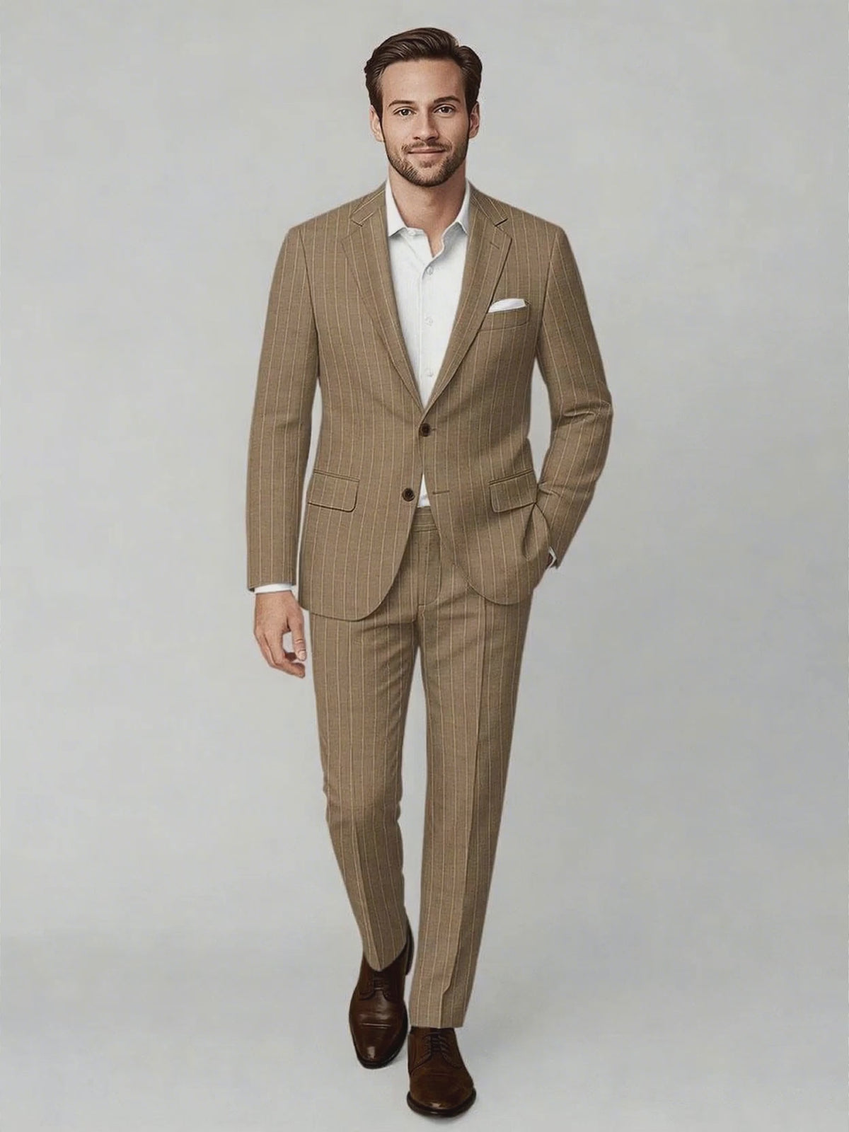 Man wearing a beige pinstripe wool suit with notch lapel, white shirt and pocket square