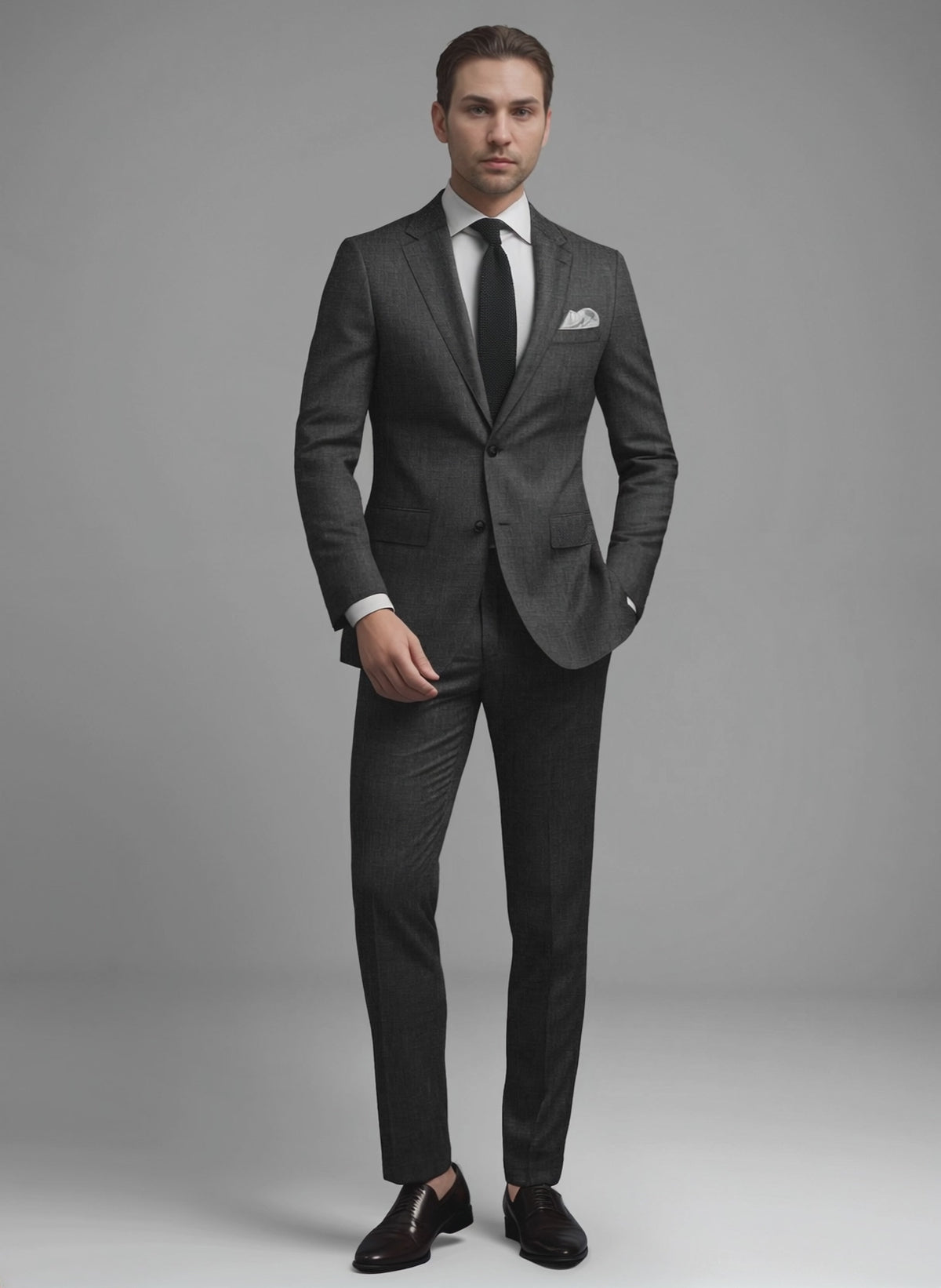 Man wearing a charcoal grey textured wool suit with black knit tie