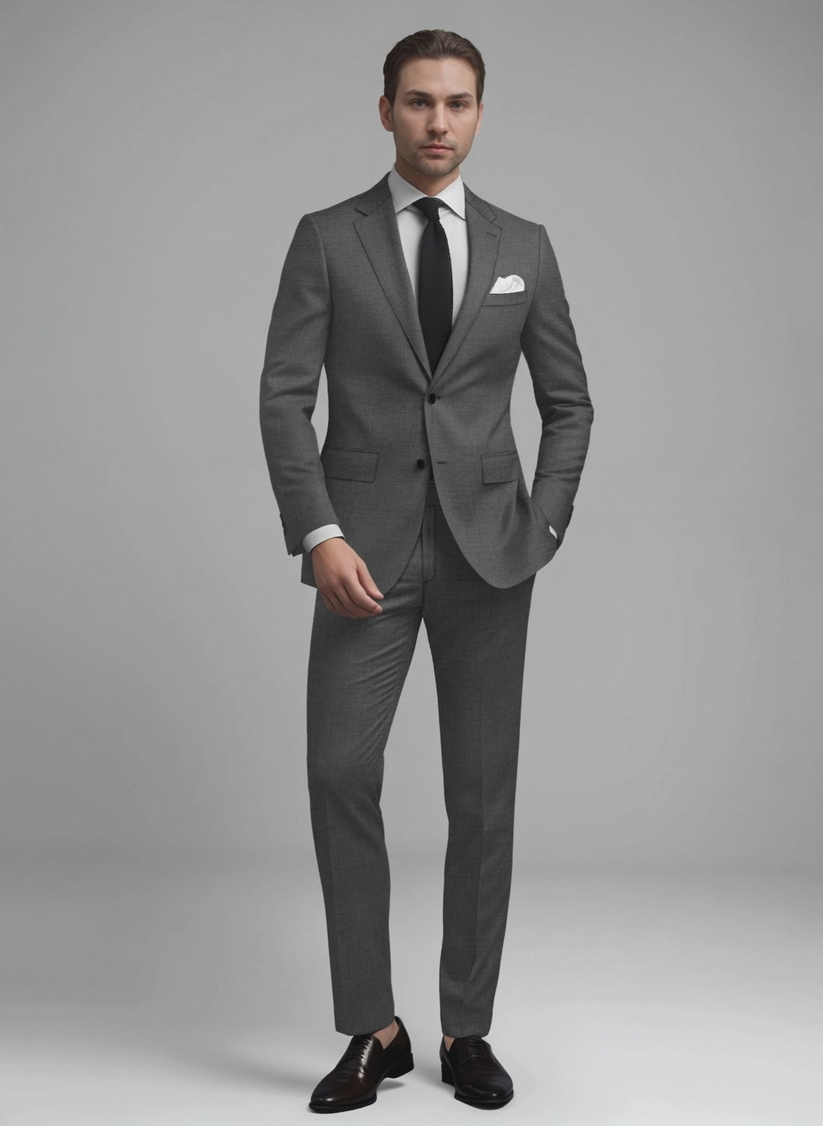 Man wearing a grey sharkskin wool suit with notch lapel and black knit tie
