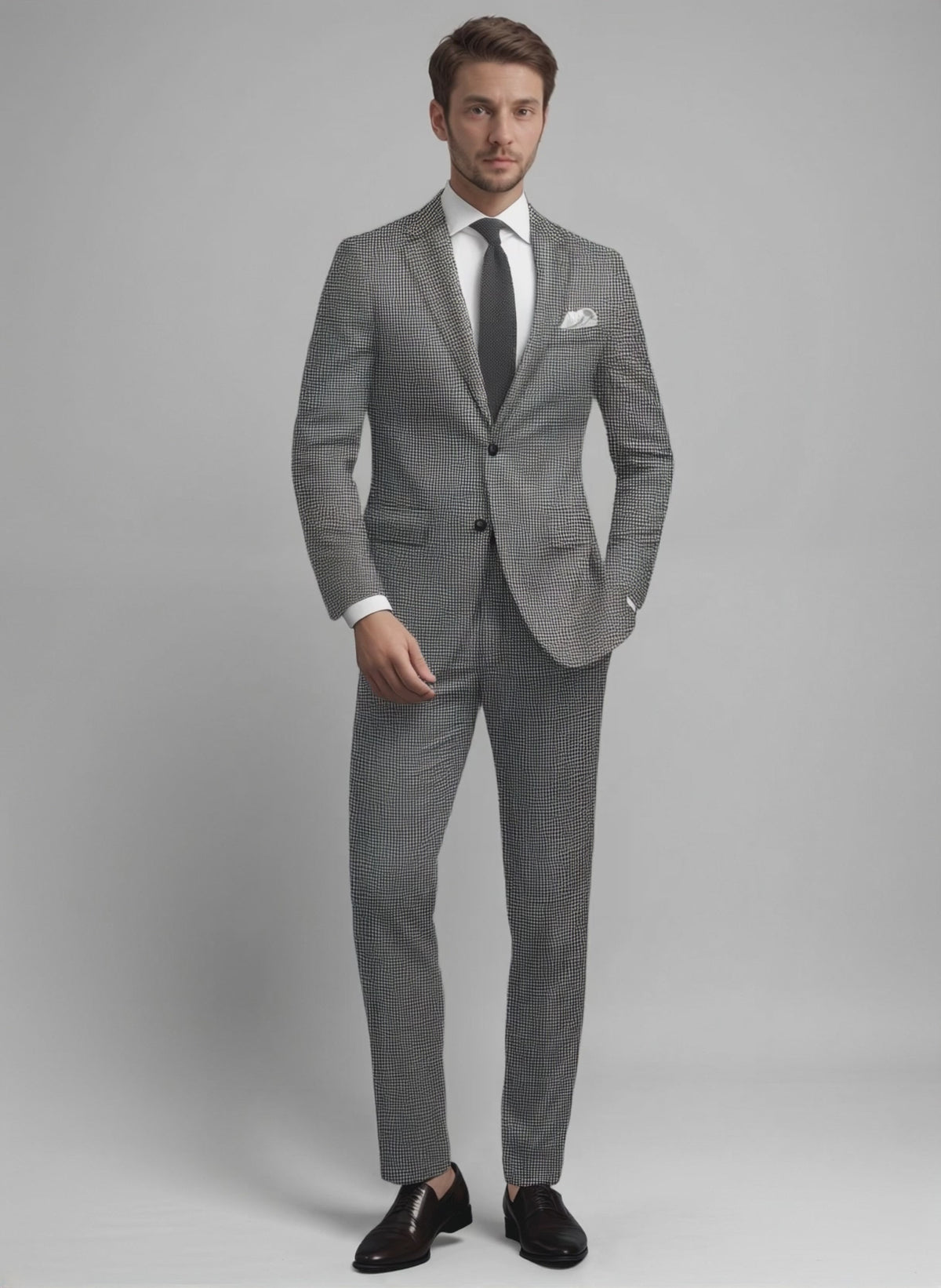 Man wearing a black and white houndstooth wool suit with peak lapel and black tie