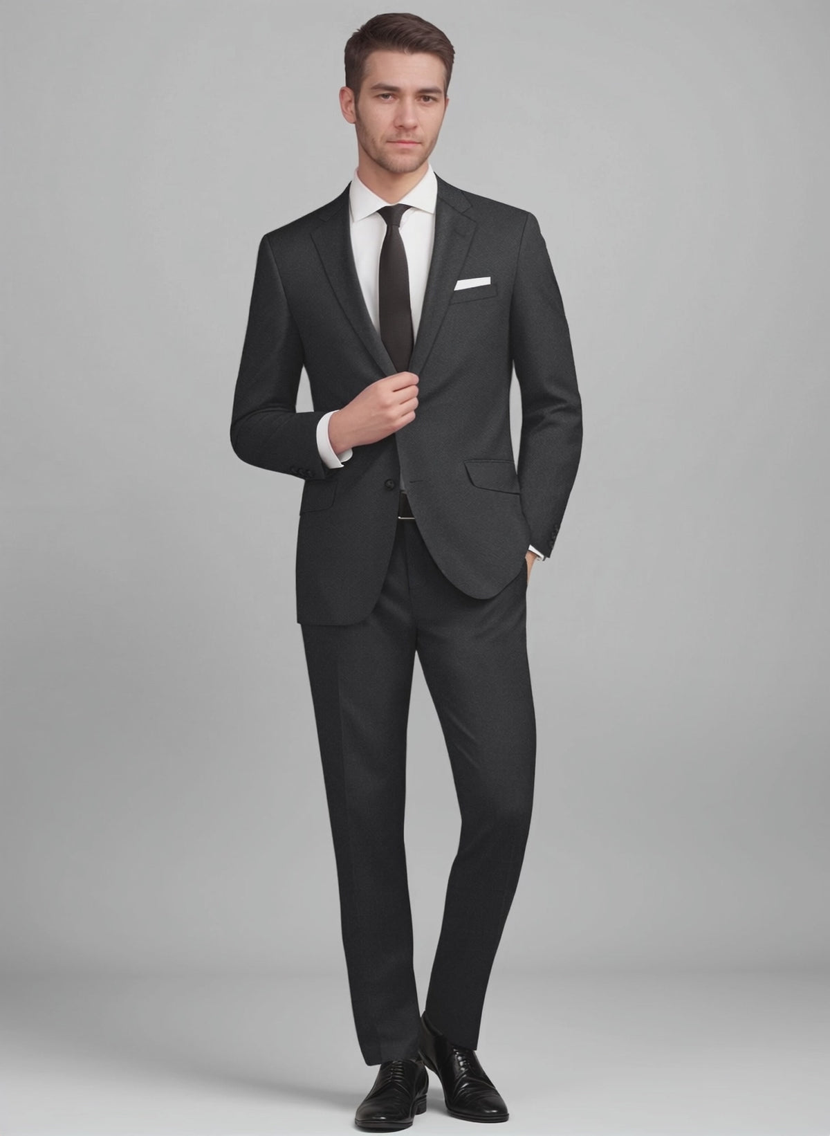 Man wearing a charcoal tropical wool suit with notch lapel and black tie