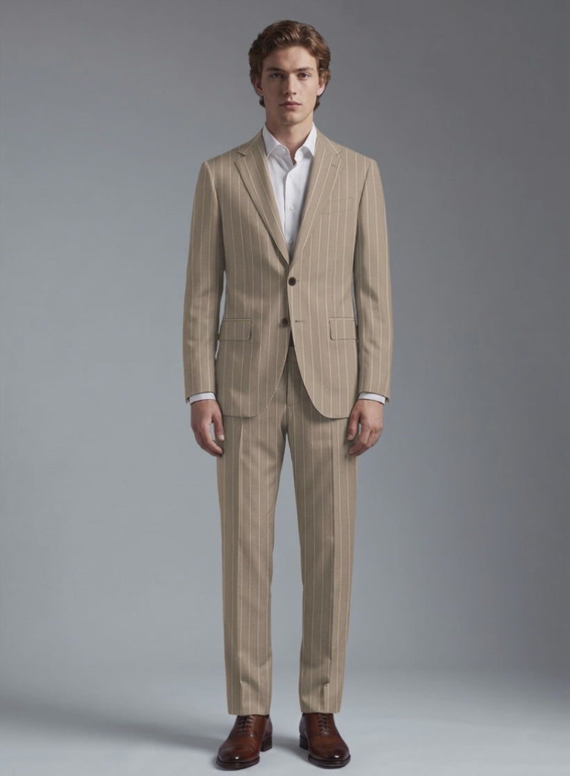 Man wearing a beige wool suit with white chalk stripes, two-button jacket