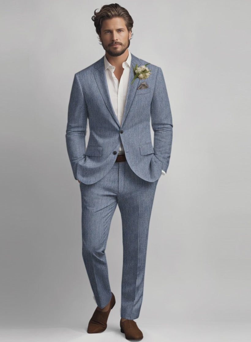 grey suit with light blue dress Italian Linen Artisanal sku-9870-HARR001BLA-M Behold, the Best Formal front closure Size:US Size 10