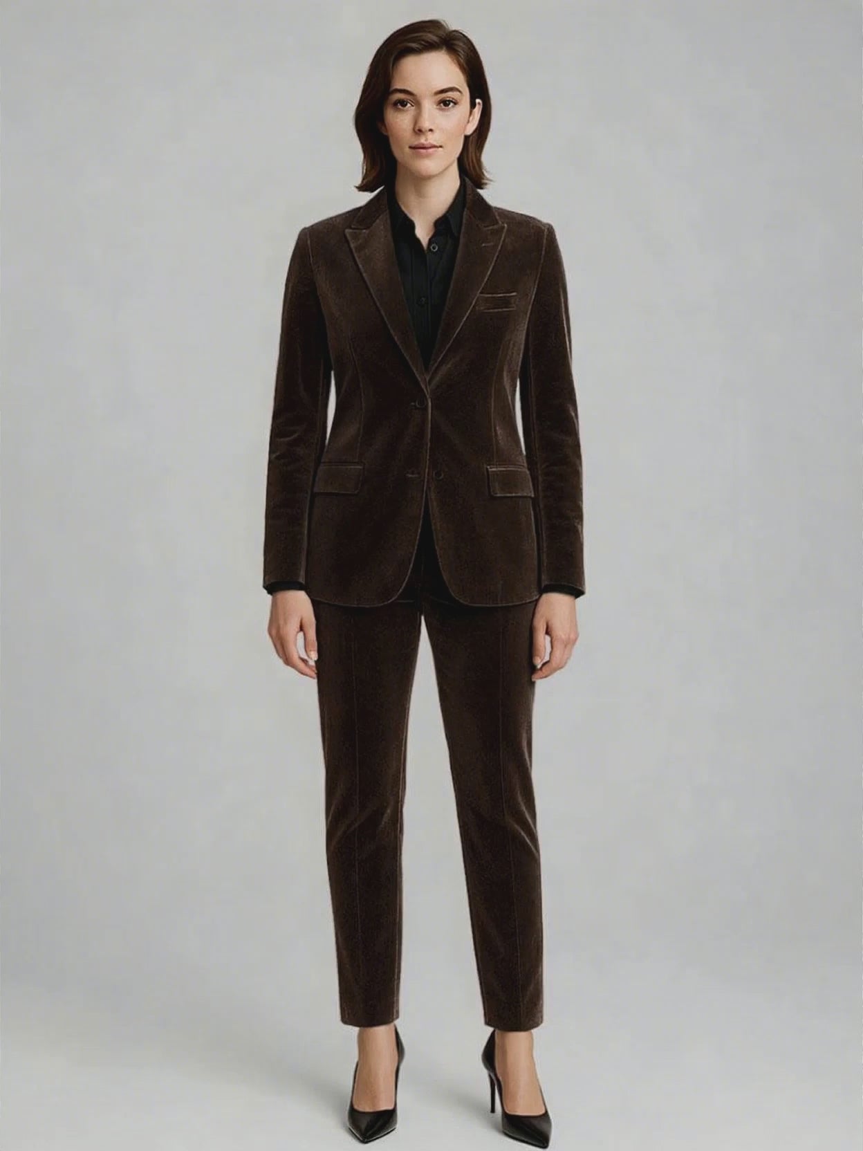 women's brown dress suit Velvet – StudioSuits Heiryn Commuter Pleated Round O26WGWC084 Size:MOM-4XL At sumissura every single