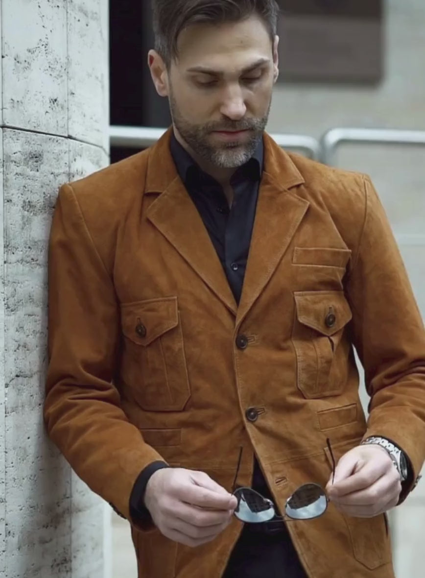 Men's Brown Suede Leather Blazer – Classic Italian Tailored Soft Real Leather 3450