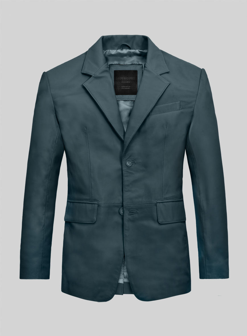 Prussian Blue Lambskin Leather Blazer - StudioSuits