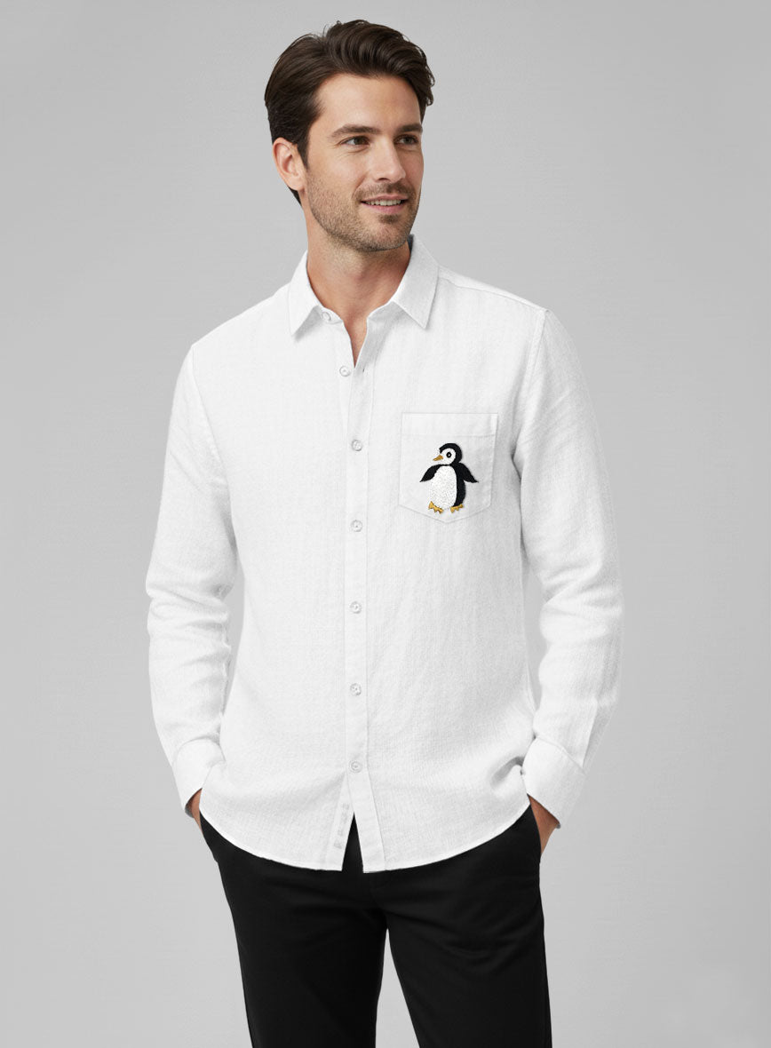 Pure White Linen Penguin Embroidered Shirt - StudioSuits