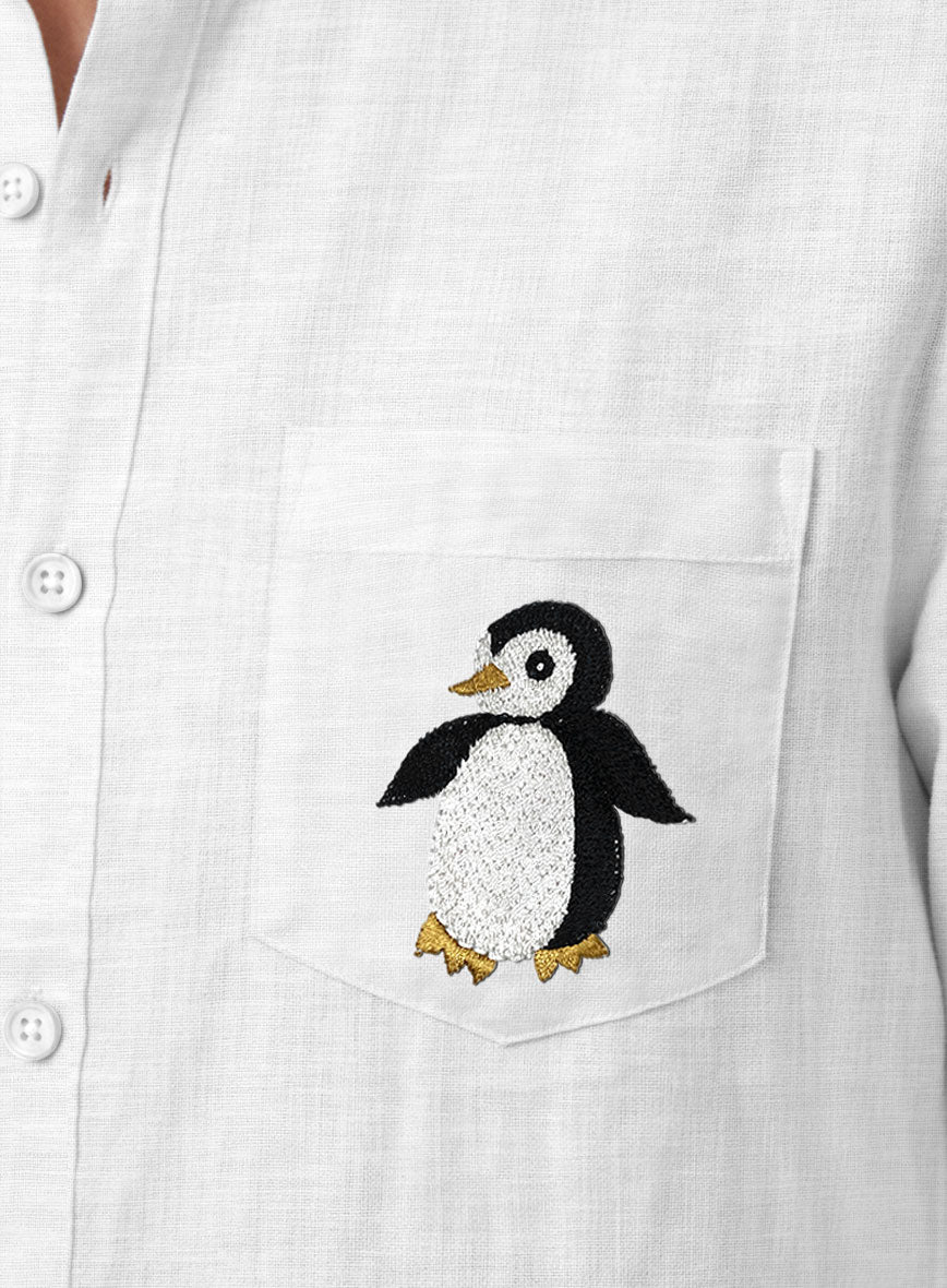 Pure White Linen Penguin Embroidered Shirt - StudioSuits