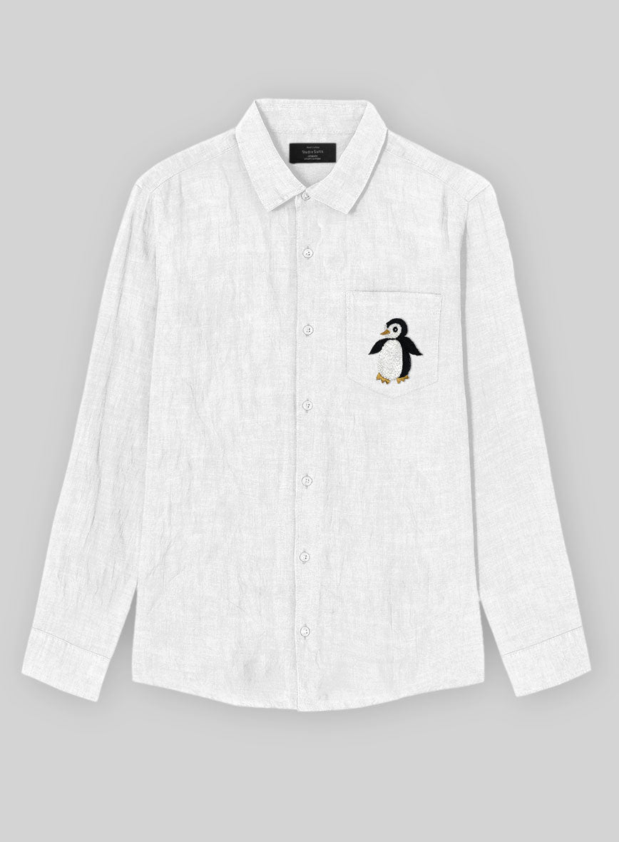 Pure White Linen Penguin Embroidered Shirt - StudioSuits