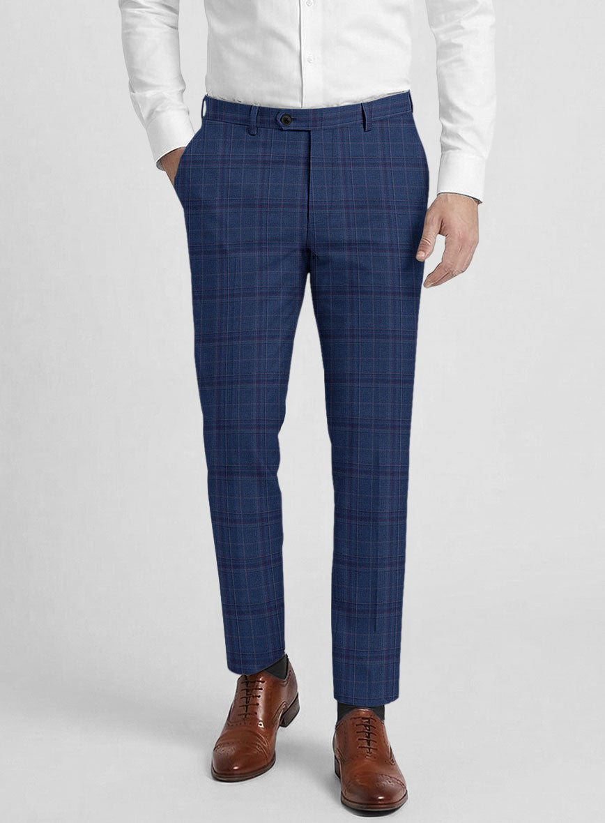 Reda Cerulean Blue Checks Wool Pants - StudioSuits