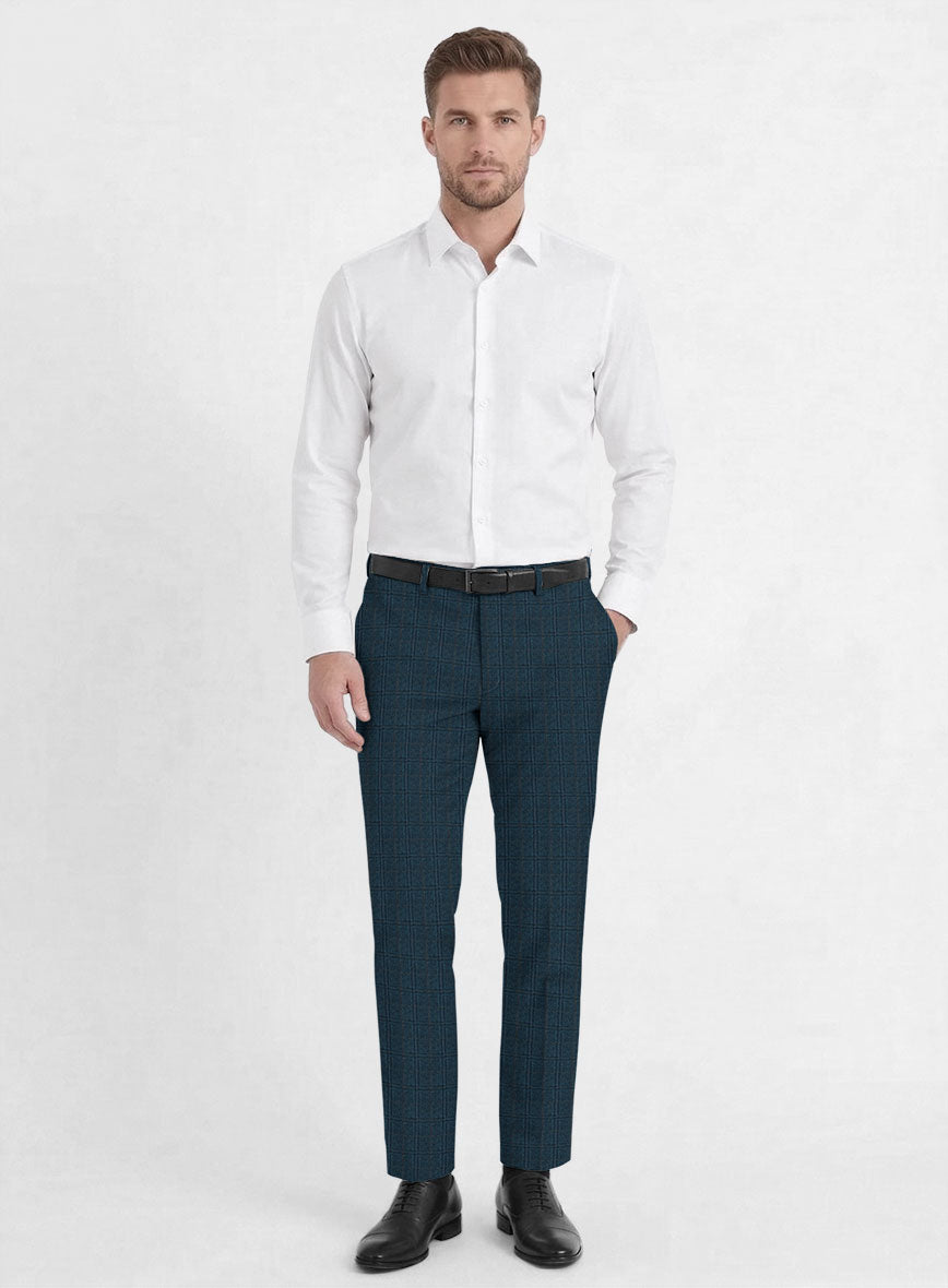 Reda Jeromi Teal Blue Checks Wool Pants - StudioSuits