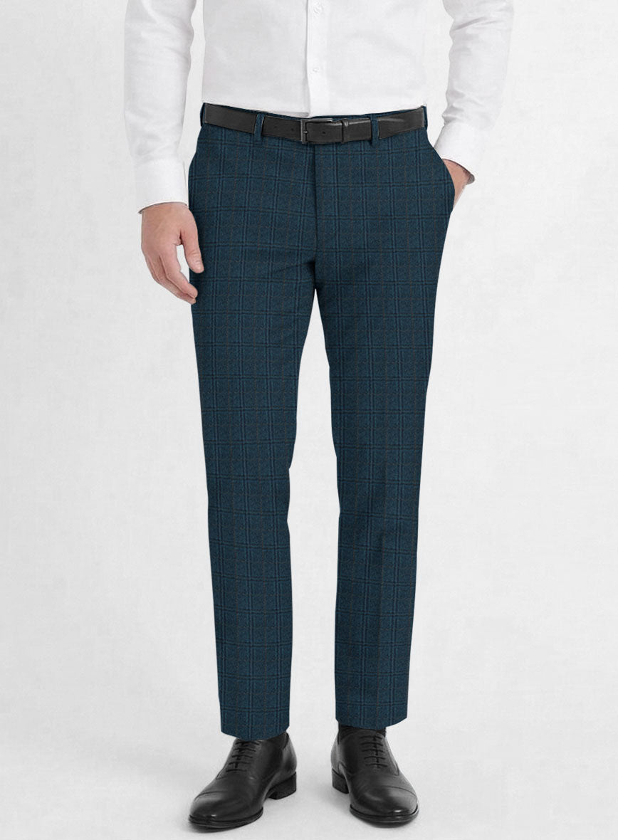 Reda Jeromi Teal Blue Checks Wool Pants - StudioSuits