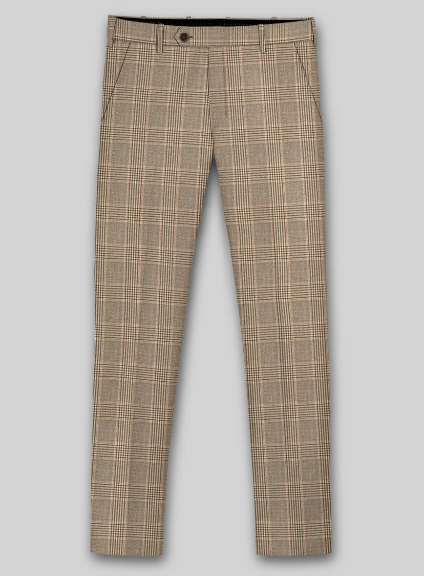 Reda Pale Brown Checks Wool Pants - StudioSuits