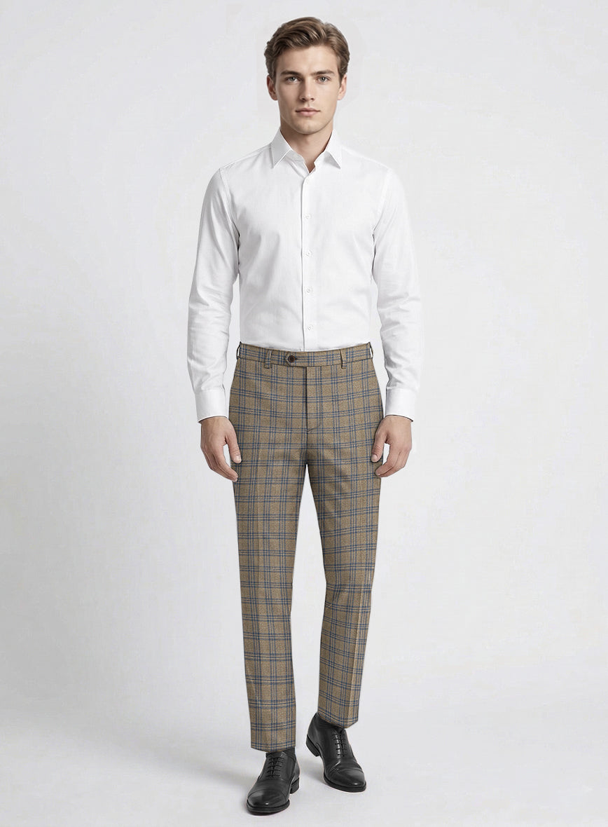 Reda Sand Brown Checks Wool Pants - StudioSuits