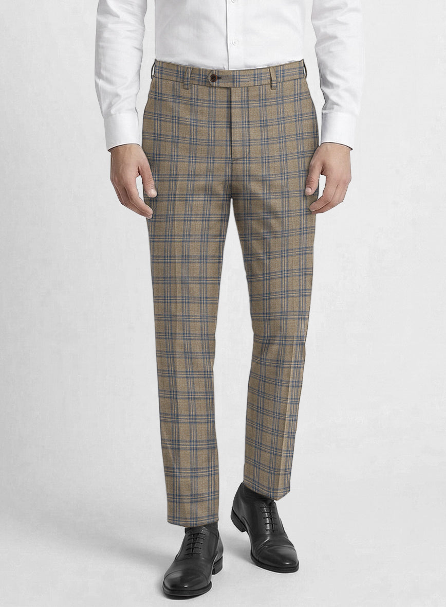 Reda Sand Brown Checks Wool Pants - StudioSuits
