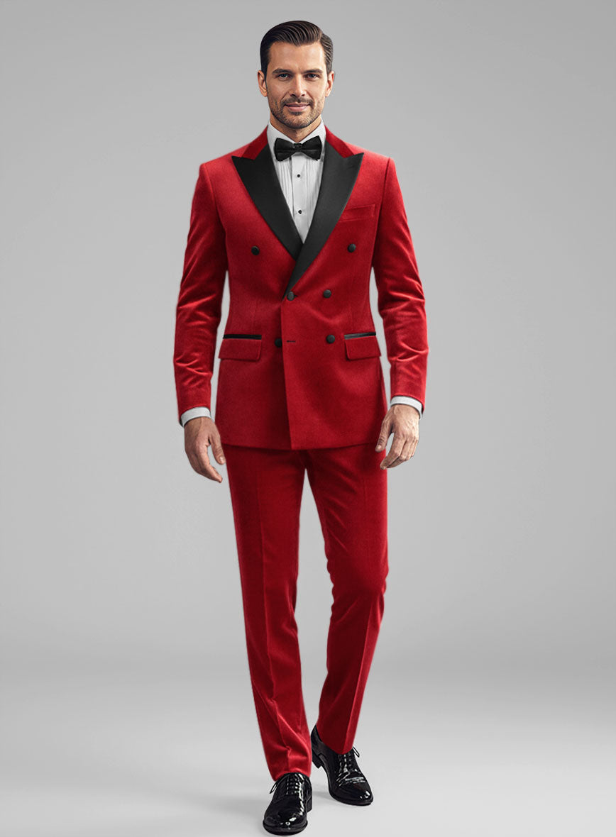 Red Velvet Double Breasted Tuxedo Suit - StudioSuits