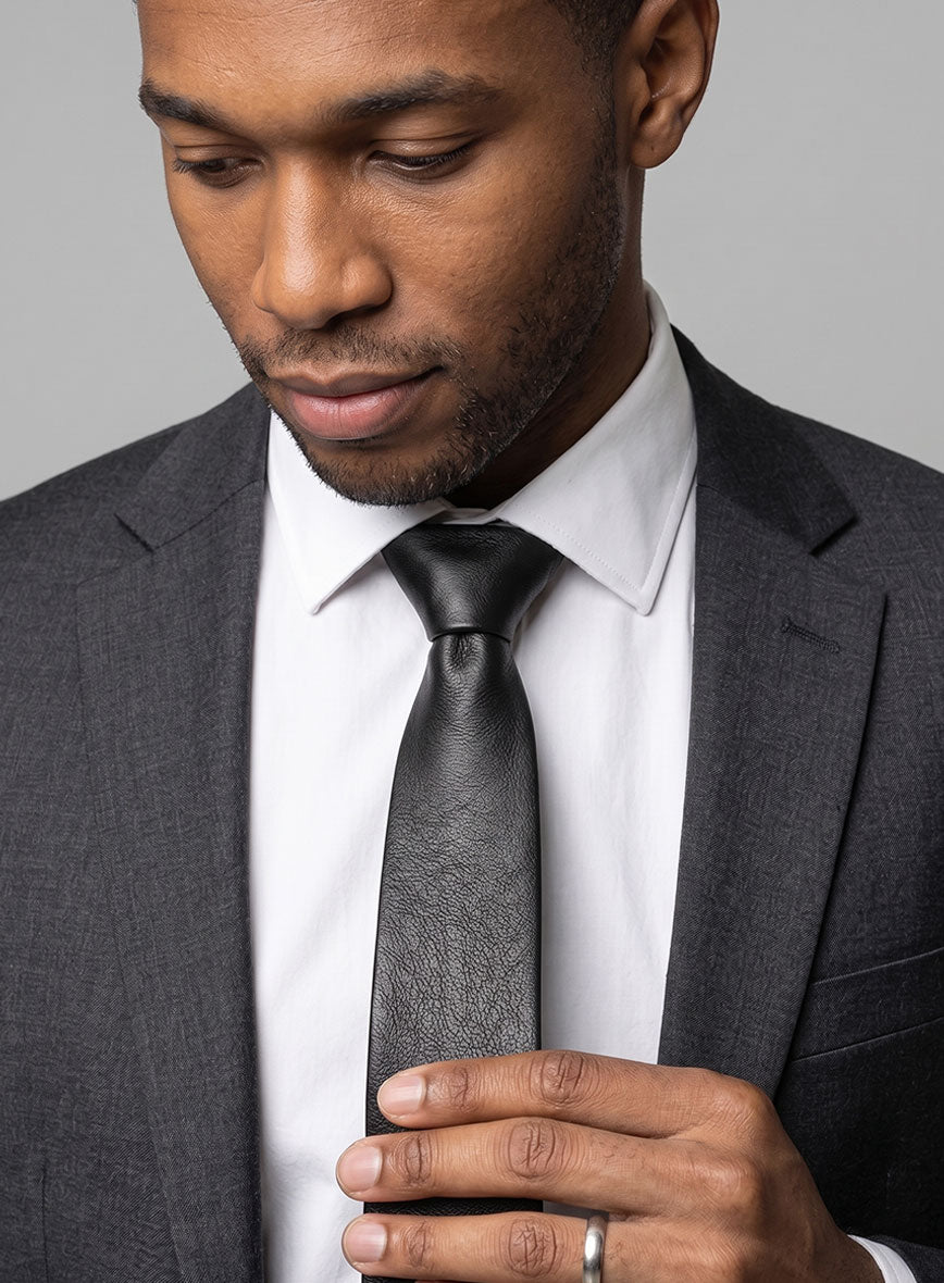 Rich Black Lambskin Leather Tie - StudioSuits