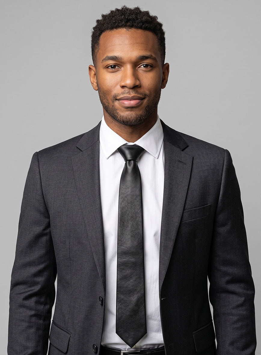 Rich Black Lambskin Leather Tie - StudioSuits