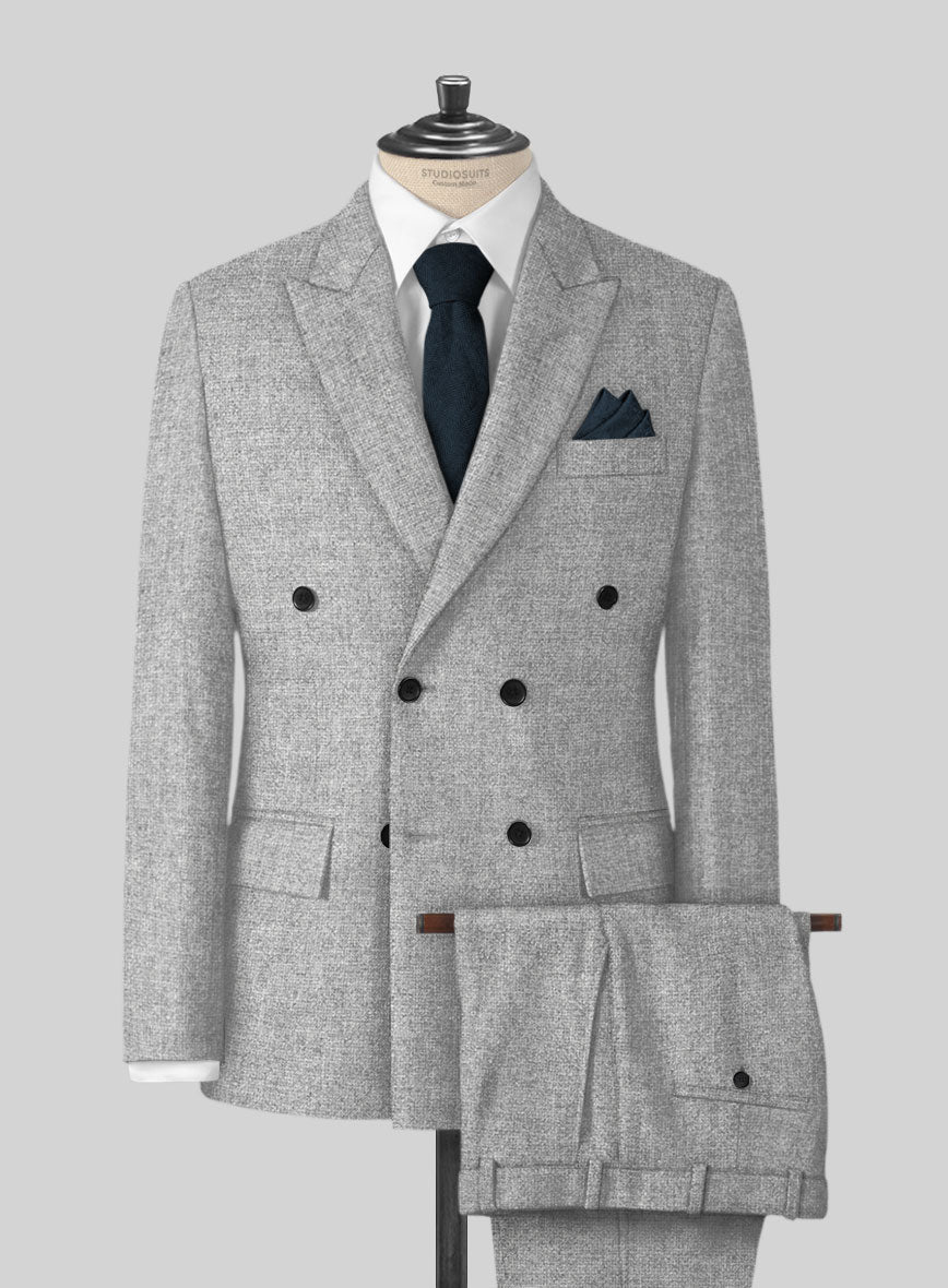 Rope Weave Light Gray Tweed Double Breasted Suit - StudioSuits
