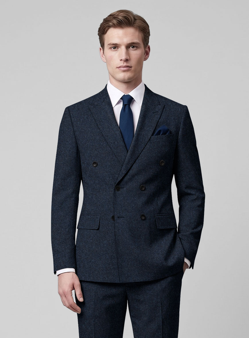 Royal Blue Denim Tweed Double Breasted Jacket - StudioSuits
