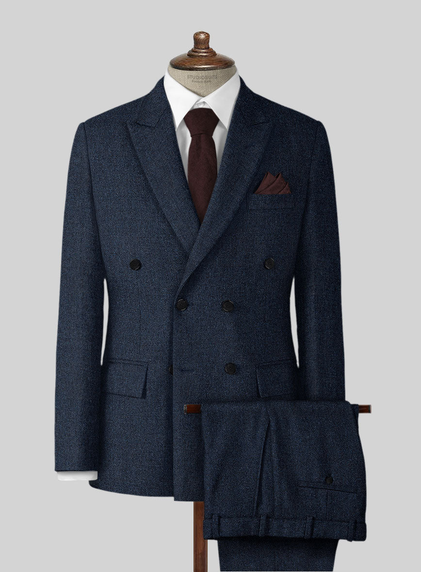Royal Blue Denim Tweed Double Breasted Suit - StudioSuits