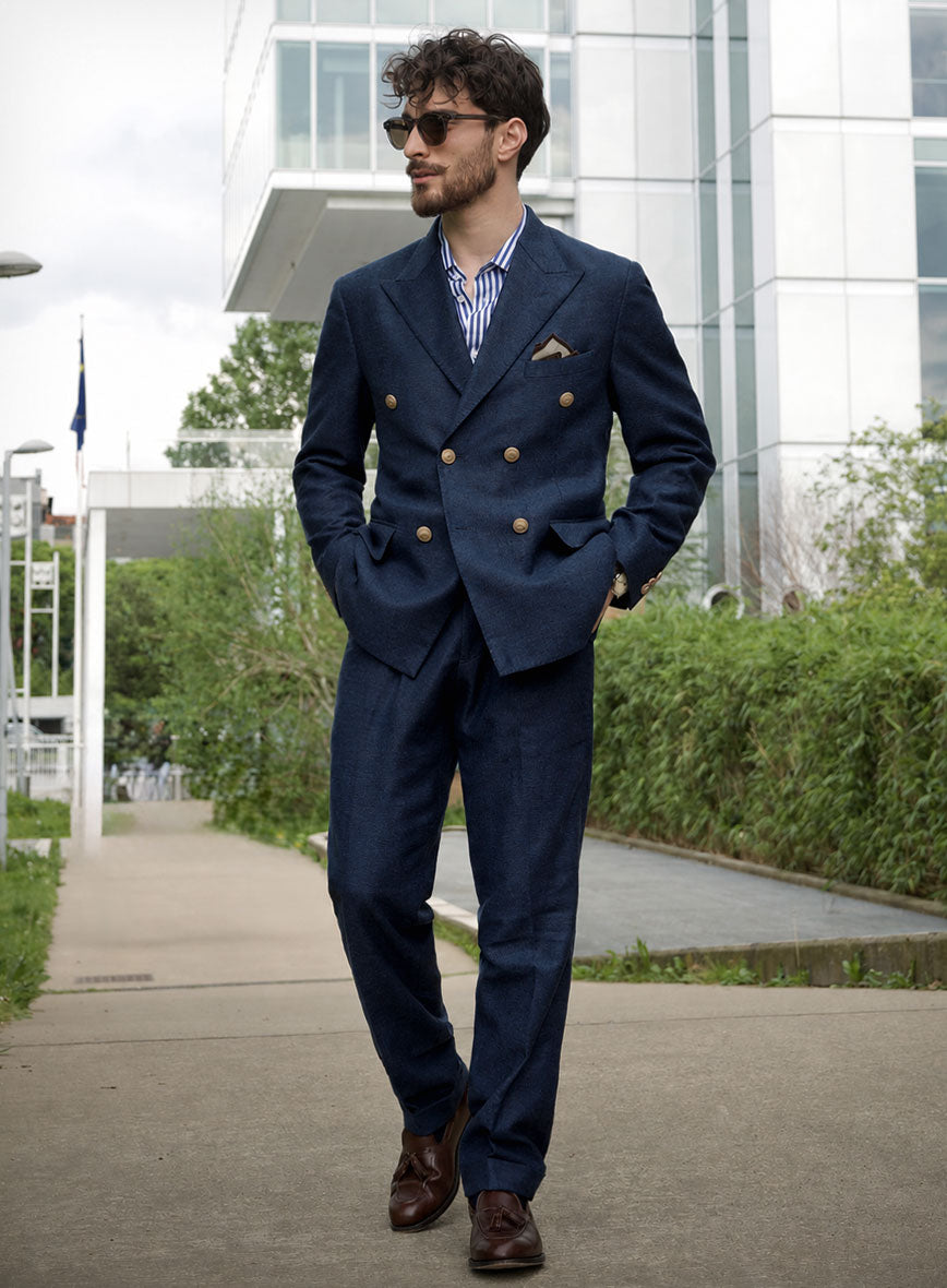 Royal Blue Denim Tweed Double Breasted Suit - II - StudioSuits