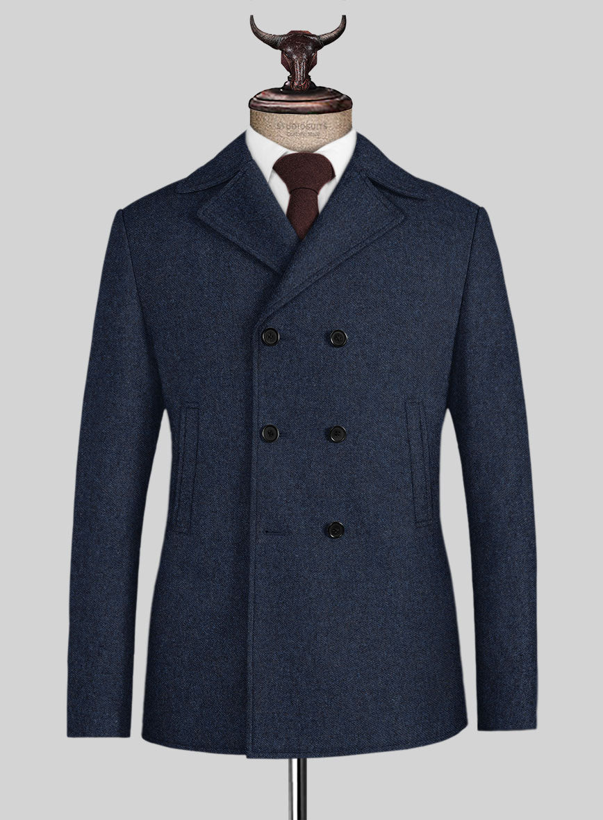 Royal Blue Denim Tweed Pea Coat - StudioSuits