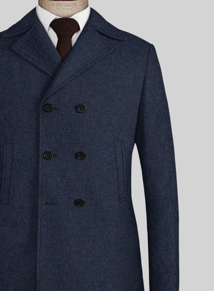 Royal Blue Denim Tweed Pea Coat - StudioSuits