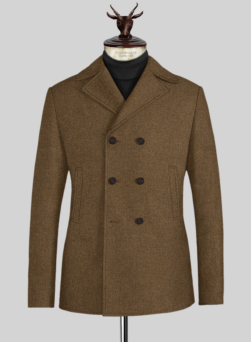 Royal Brown Heavy Tweed Pea Coat - StudioSuits
