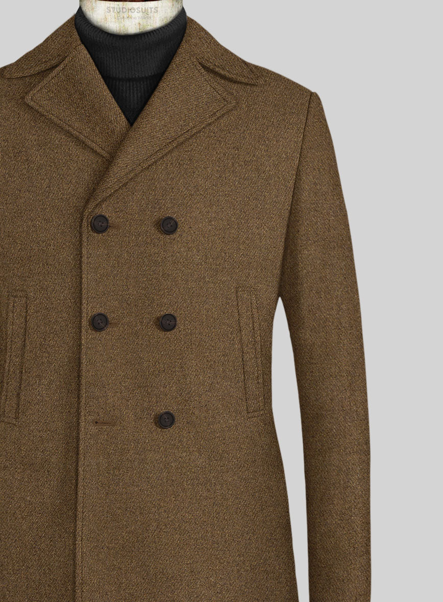 Royal Brown Heavy Tweed Pea Coat - StudioSuits