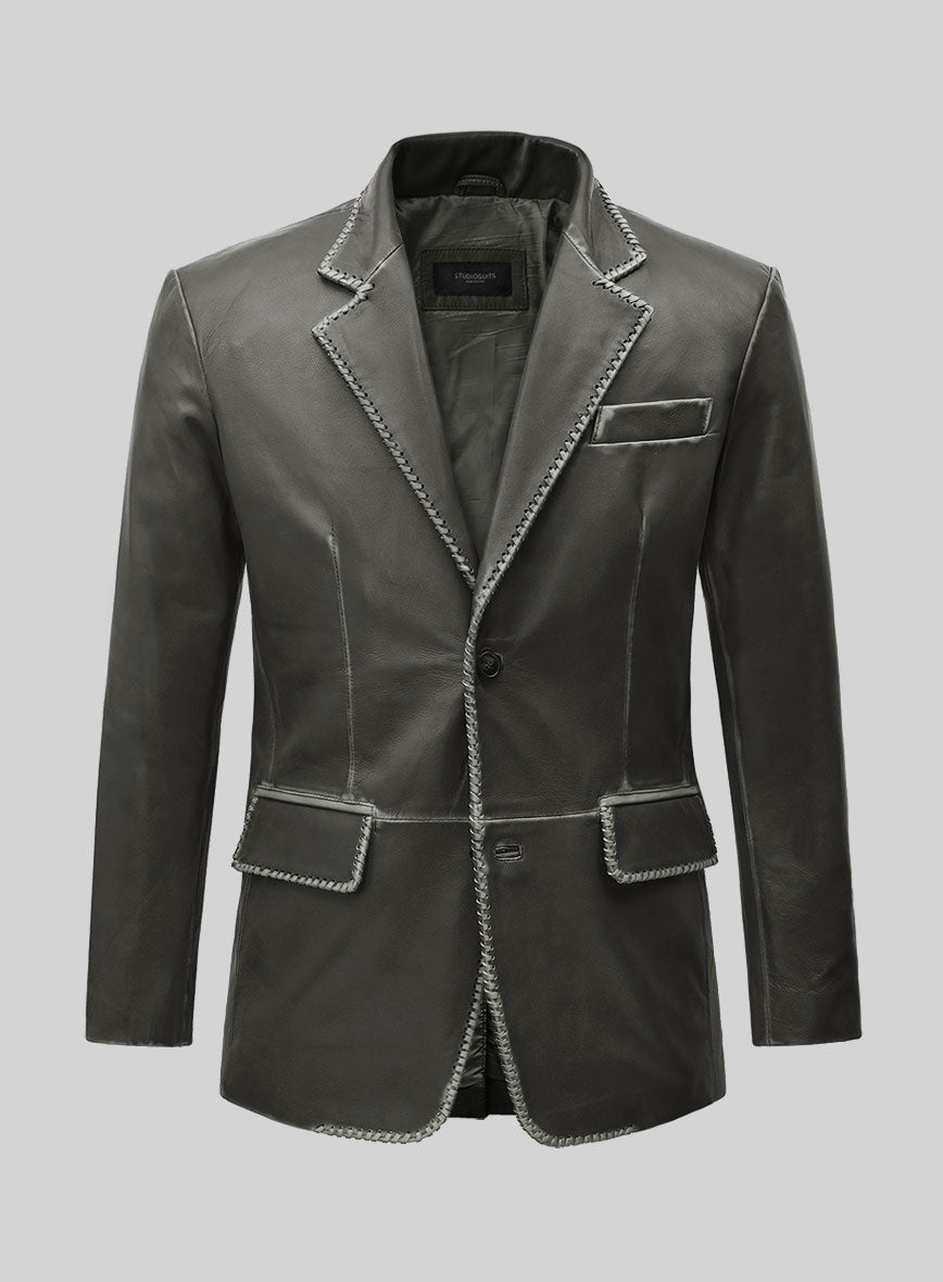 Rubbed Charcoal Medieval Leather Blazer - StudioSuits