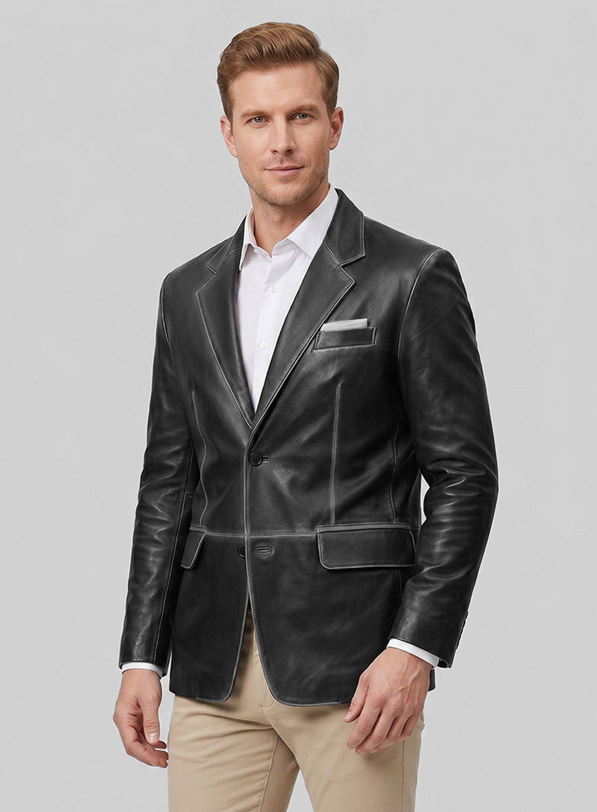 Rubbed Black Leather Blazer - StudioSuits