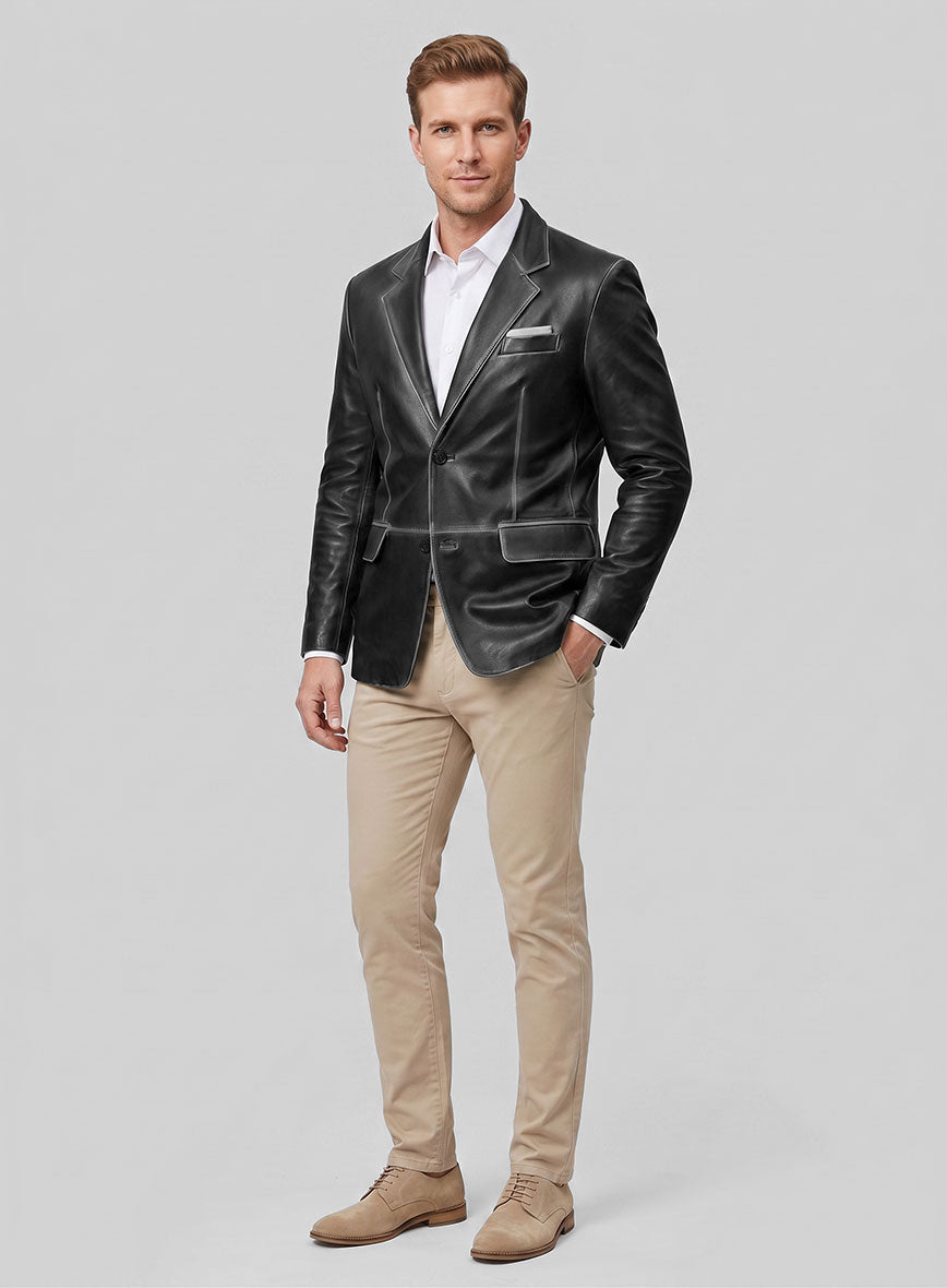 Rubbed Black Leather Blazer - StudioSuits