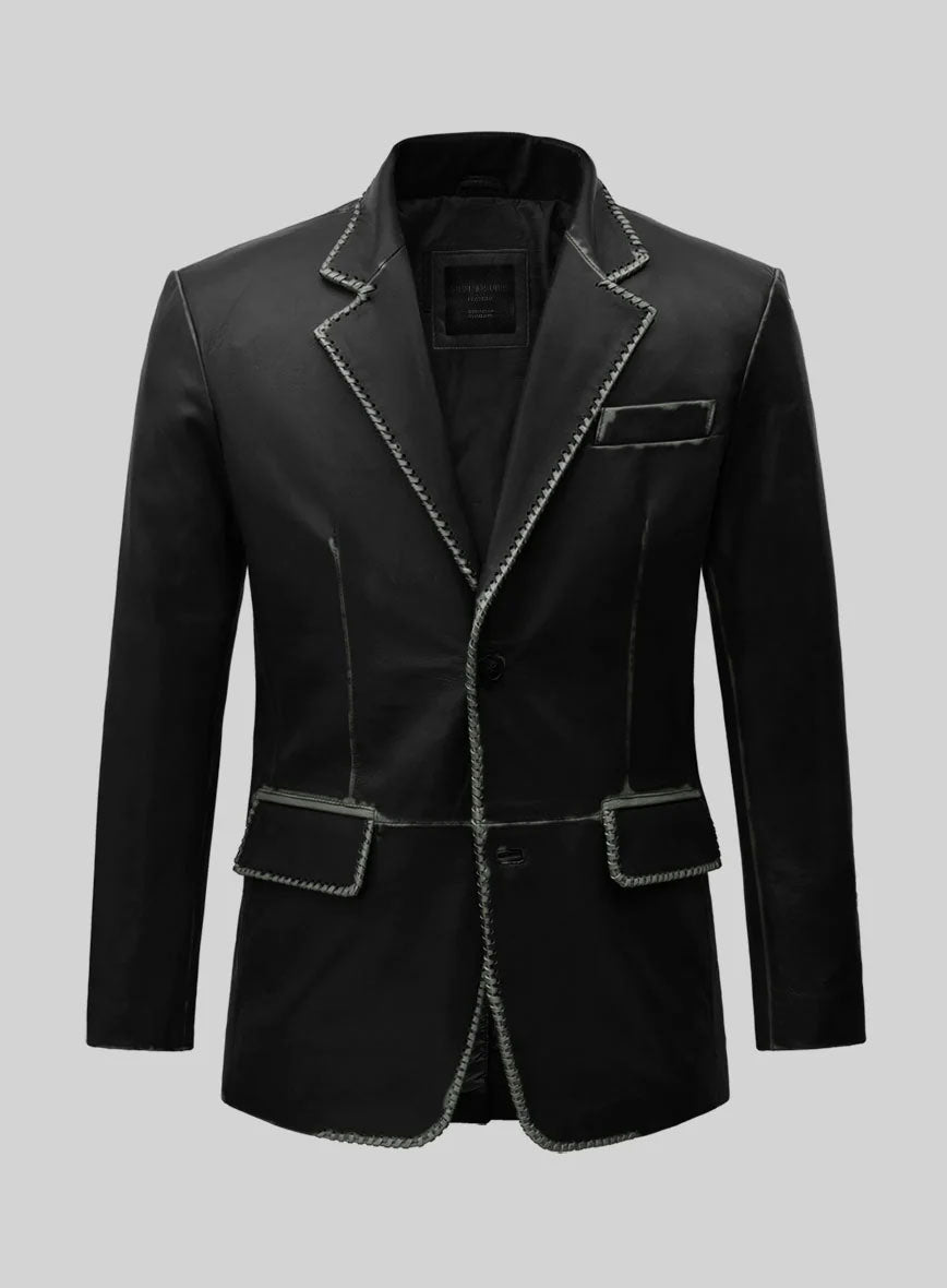 Rubbed Black Medieval Leather Blazer - StudioSuits