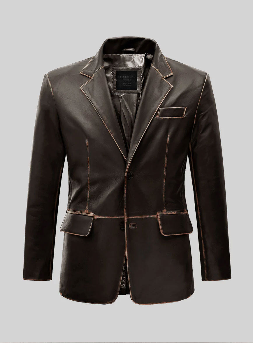 Rubbed Brown Leather Blazer - StudioSuits