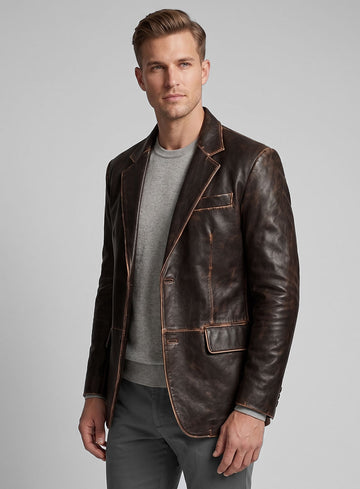 Rubbed Brown Leather Blazer - StudioSuits