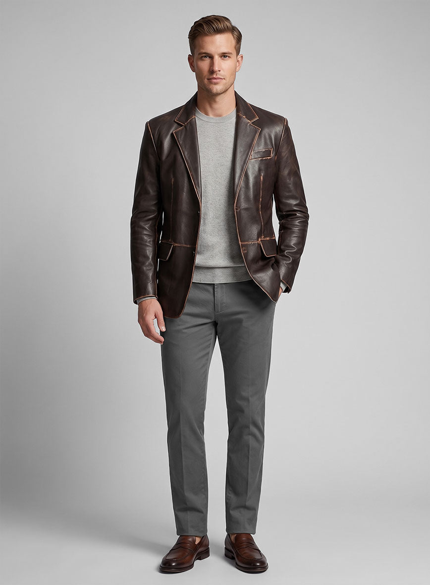 Rubbed Brown Leather Blazer - StudioSuits