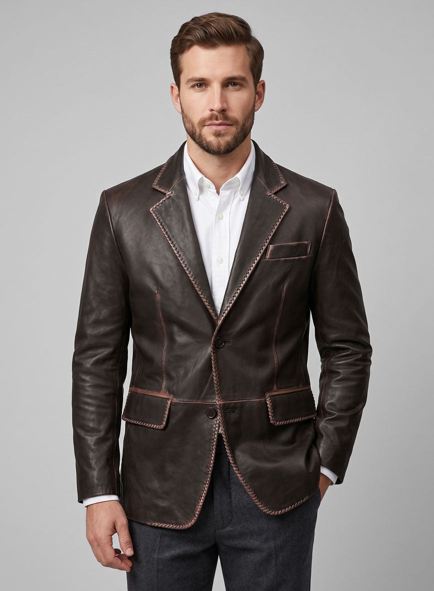 Rubbed Brown Medieval Leather Blazer - StudioSuits