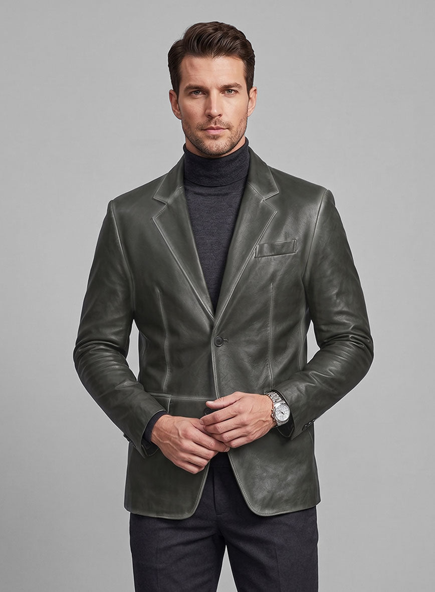 Rubbed Charcoal Leather Blazer - StudioSuits