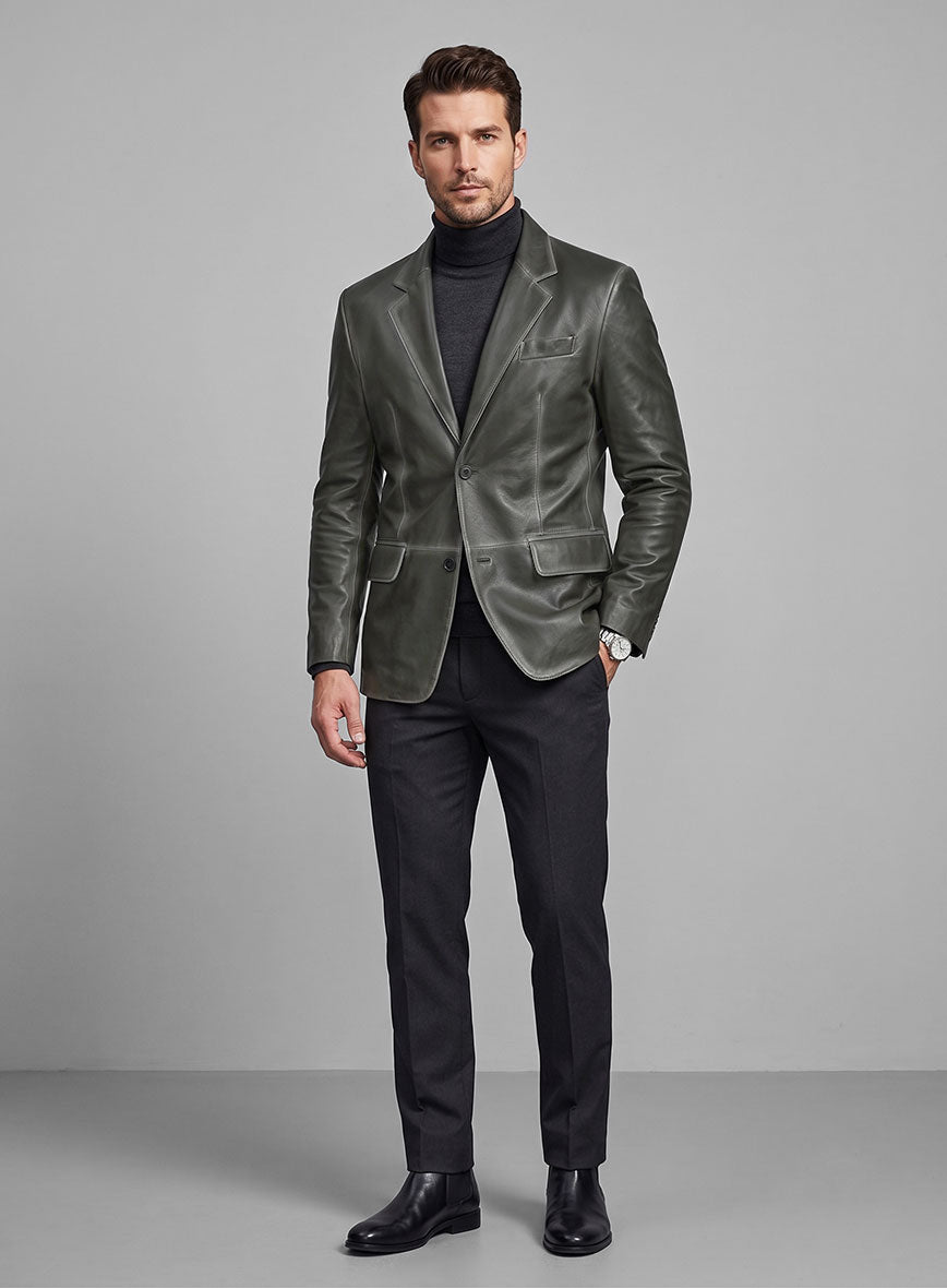 Rubbed Charcoal Leather Blazer - StudioSuits
