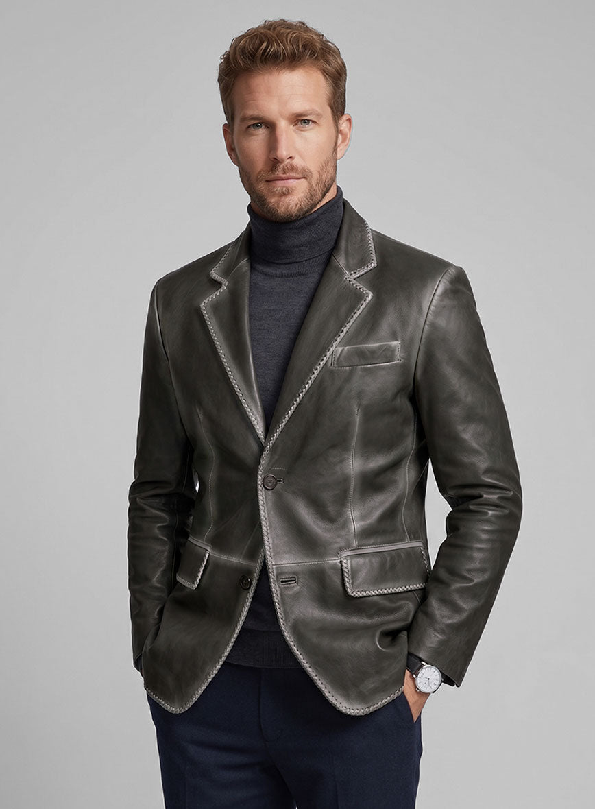 Rubbed Charcoal Medieval Leather Blazer - StudioSuits