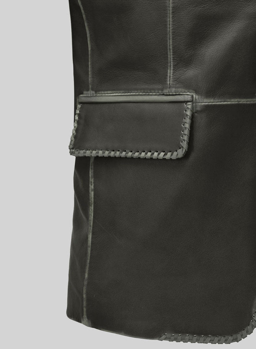 Rubbed Charcoal Medieval Leather Blazer - StudioSuits