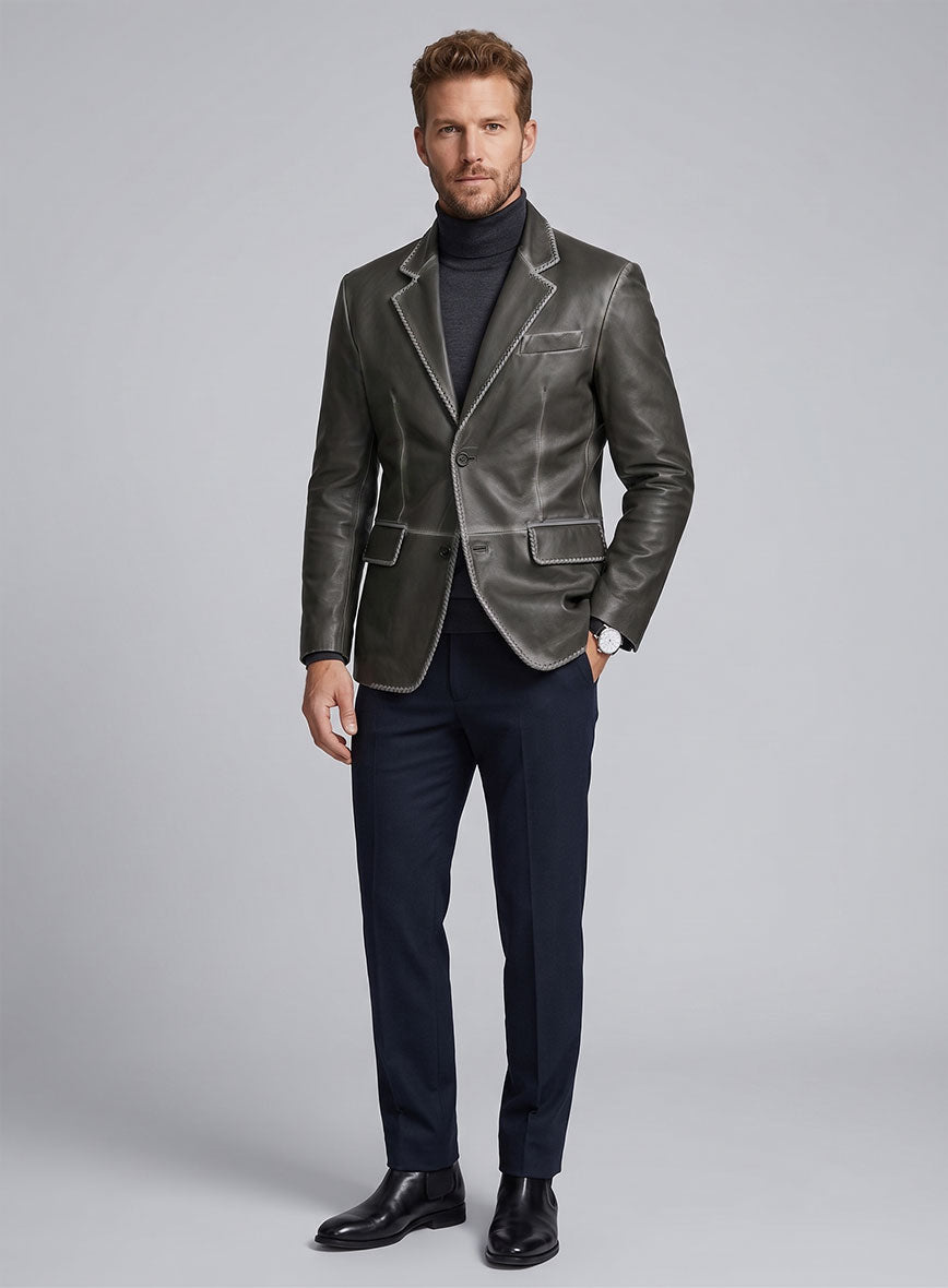 Rubbed Charcoal Medieval Leather Blazer - StudioSuits