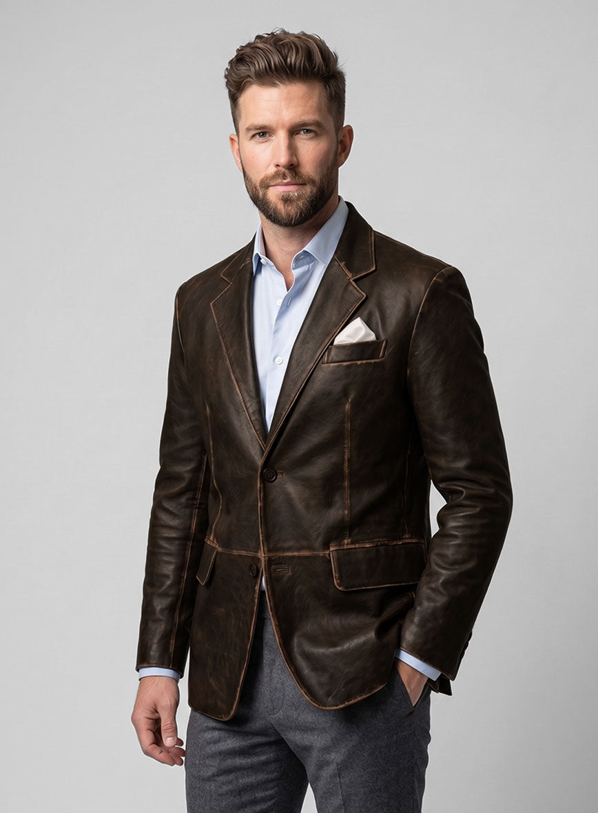 Rubbed Dark Brown Leather Blazer - StudioSuits