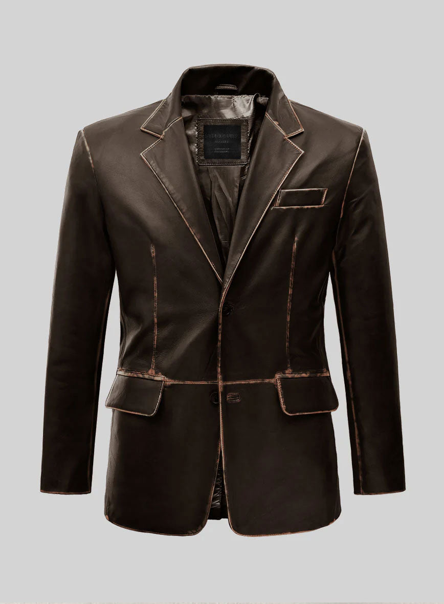 Rubbed Dark Brown Leather Blazer - StudioSuits