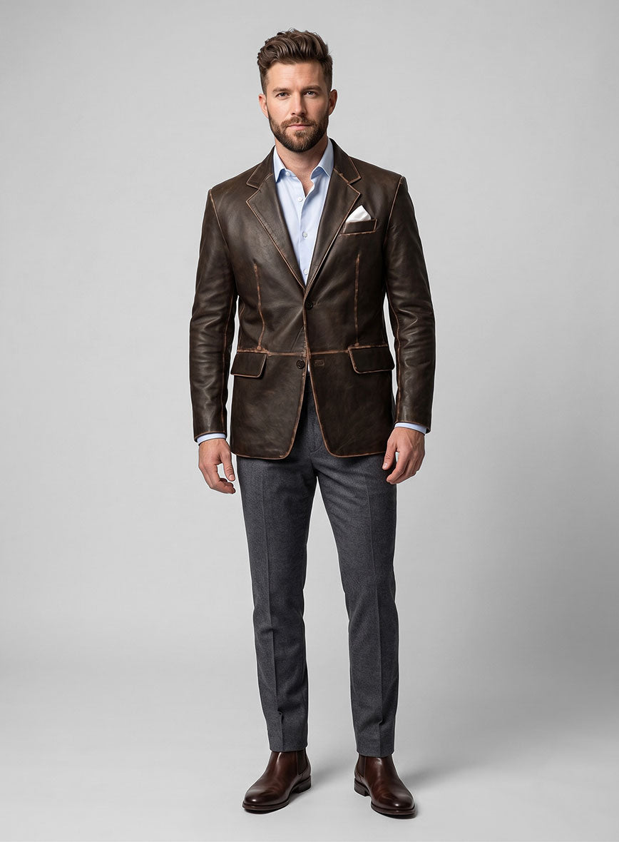 Rubbed Dark Brown Leather Blazer - StudioSuits