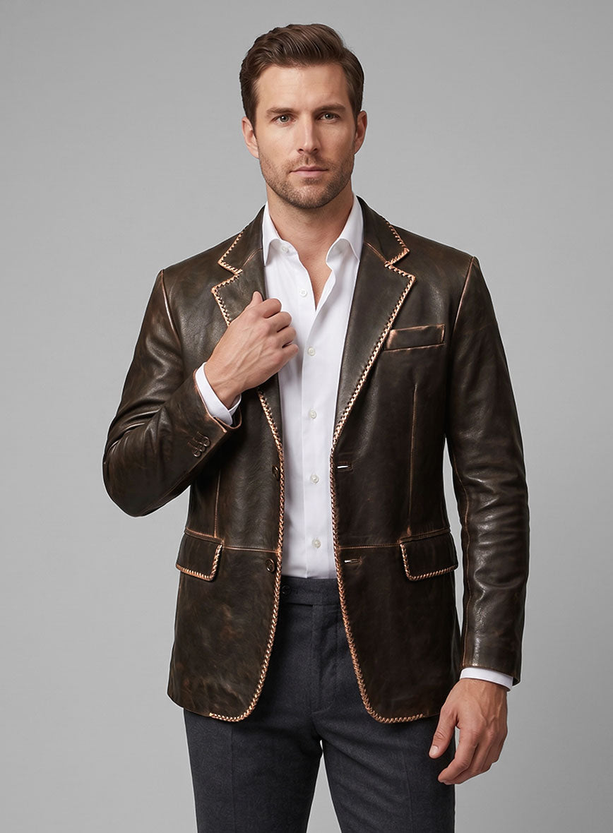 Rubbed Dark Brown Medieval Leather Blazer - StudioSuits