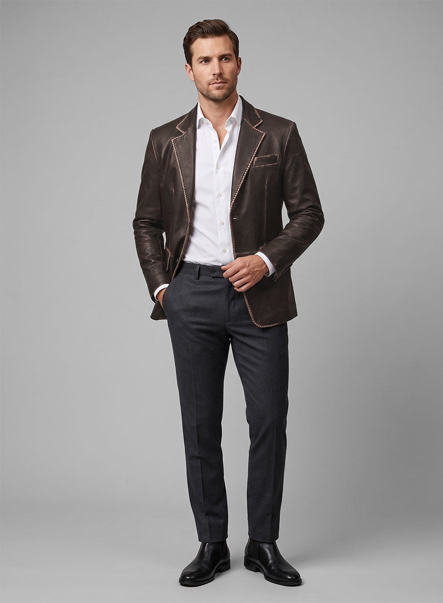 Rubbed Dark Brown Medieval Leather Blazer - StudioSuits